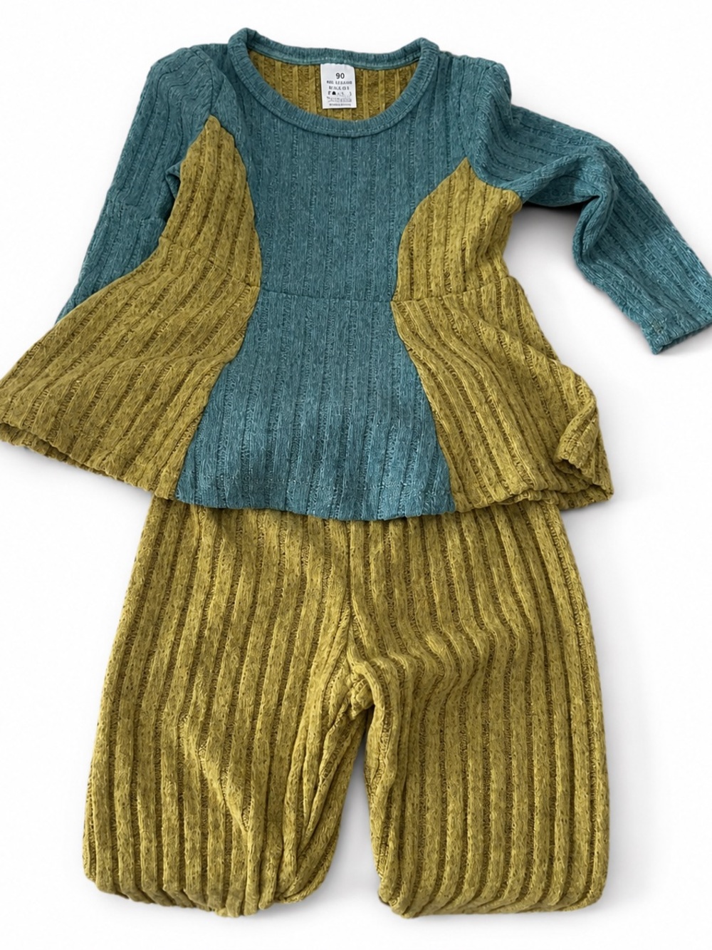 Two-Tone Ribbed Knit Top & Pants Set — Teal and Mustard